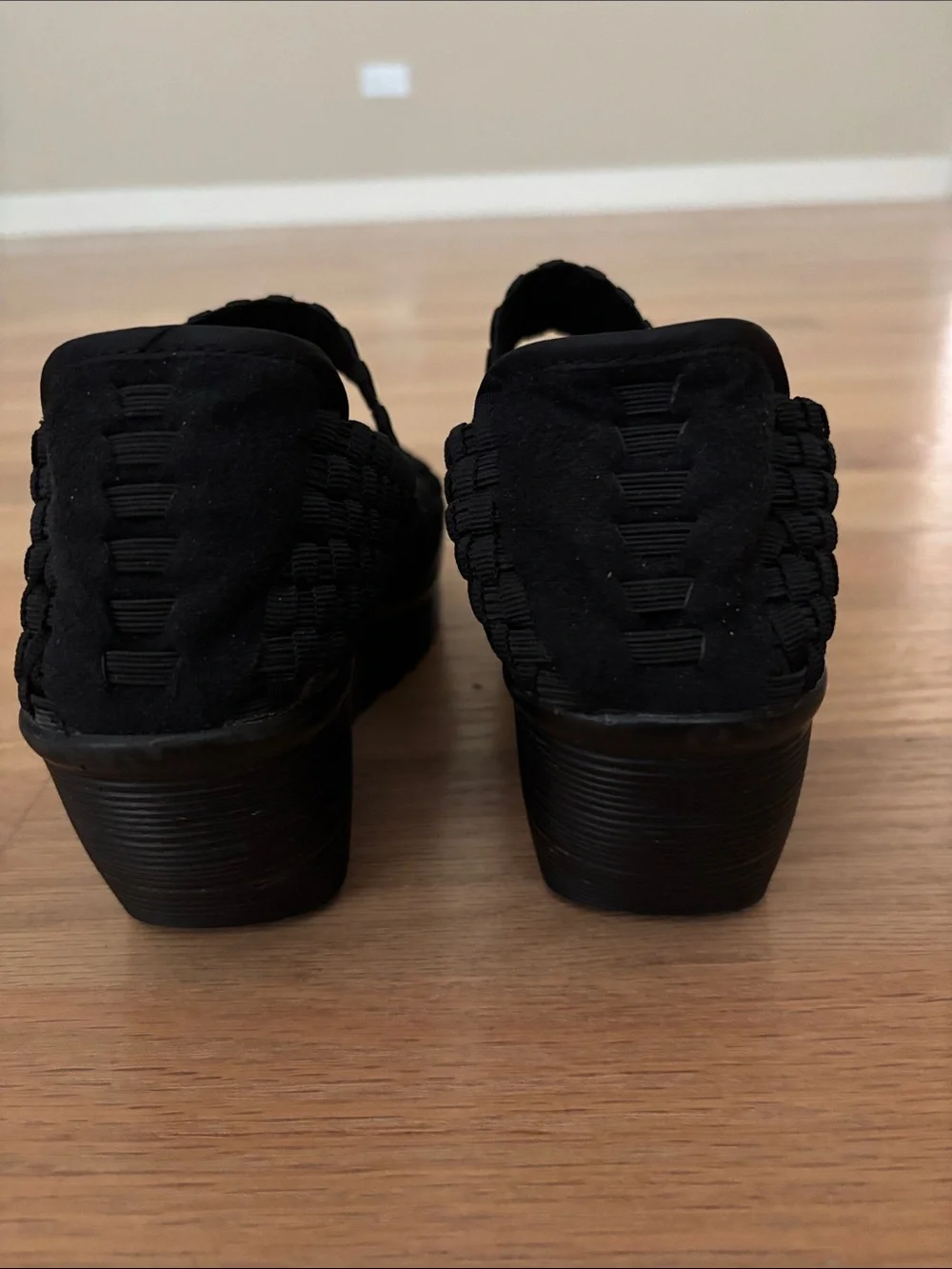 Black Woven Elastic Wedge Slip-On Shoes